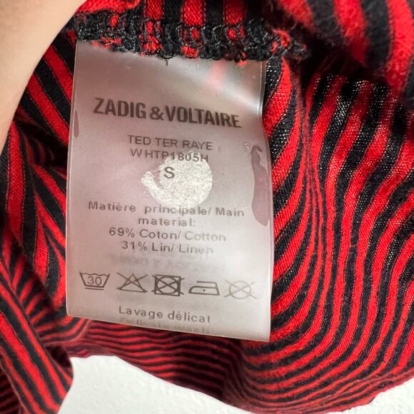 Zadig Voltaire Linen Cotton Red Black Striped Crewneck T-Shirt Size S - Picture 10 of 10